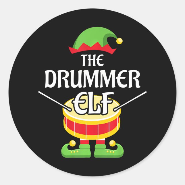 Sticker Rond Drummer Elf Family Matching Group Christmas Drum (Devant)