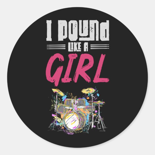 Sticker Rond Drummer Girl Drumset Femme Drum Music Lover (Devant)