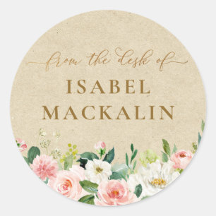 Sticker Rond Du Bureau De Blush Pink Floral & Rustic Kraft