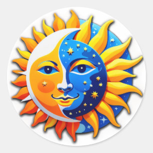 Sticker Rond Dualité de jour et de nuit : Soleil et Lune Visage