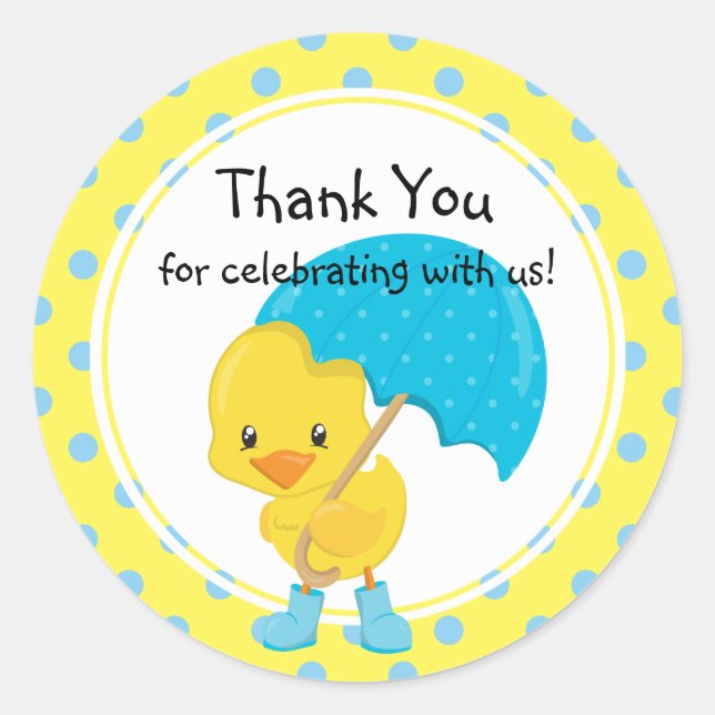 Sticker Rond Ducky avec Baby shower parapluie Merci (Devant)