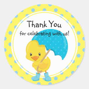 Sticker Rond Ducky avec Baby shower parapluie Merci