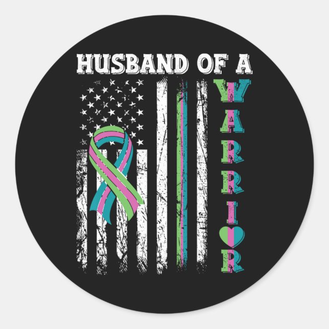 Sticker Rond D'Un Guerrier Metastatic Cancer Du Sein Drapeau Us (Devant)