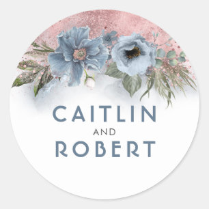 Sticker Rond Dusty Bleu et Rose Parties scintillant or Mariage