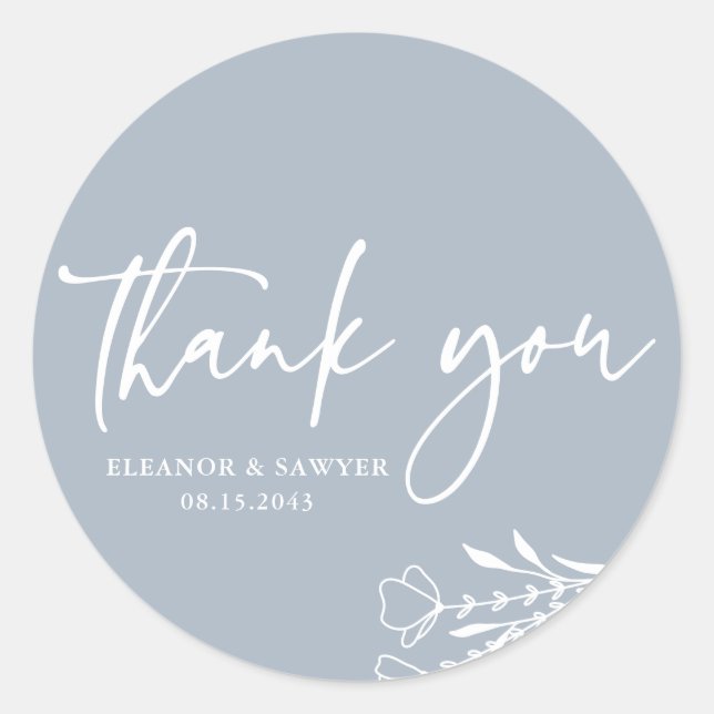 Sticker Rond Dusty bleu minimaliste Bouquet Mariage Merci (Devant)
