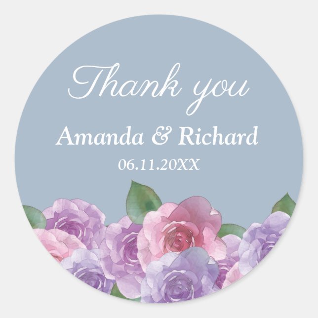 Sticker Rond Dusty bleu rose violet Mariage Floral Merci (Devant)