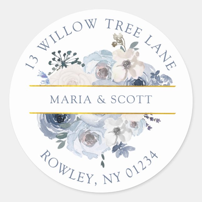 Sticker Rond Dusty Blue and White Floral Gold Adresse de retour (Devant)