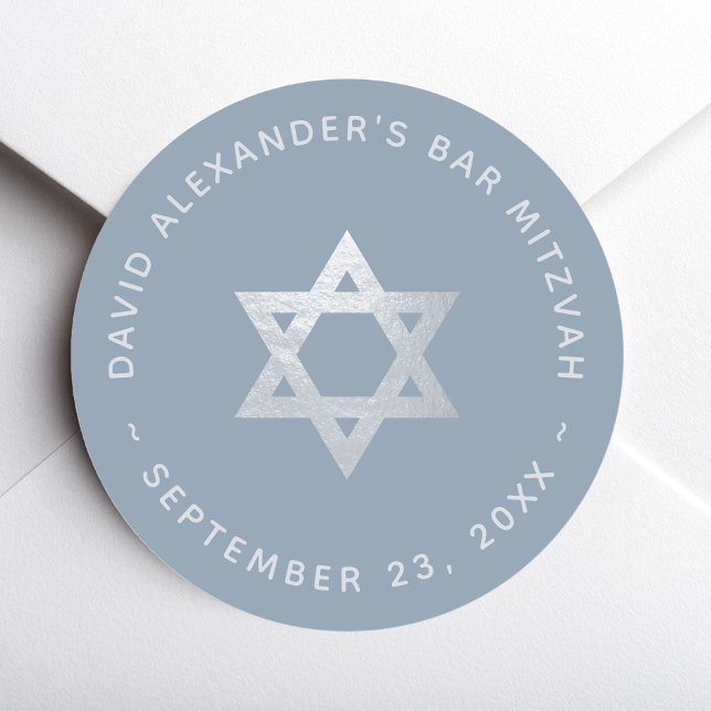 Sticker Rond Dusty Blue Bar Mitzvah - Faux Silver Star of David (Créateur téléchargé)