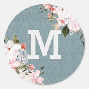 Sticker Rond Dusty Blue Burlap Rustique Floral Mariage monogram