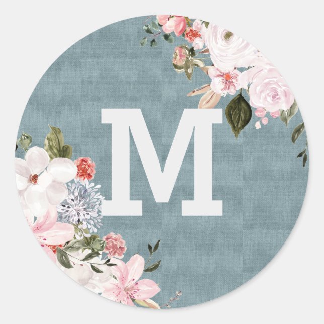 Sticker Rond Dusty Blue Burlap Rustique Floral Mariage monogram (Devant)