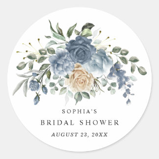 Sticker Rond Dusty Blue & Champagne Fleurs Robe de Mariée Showe