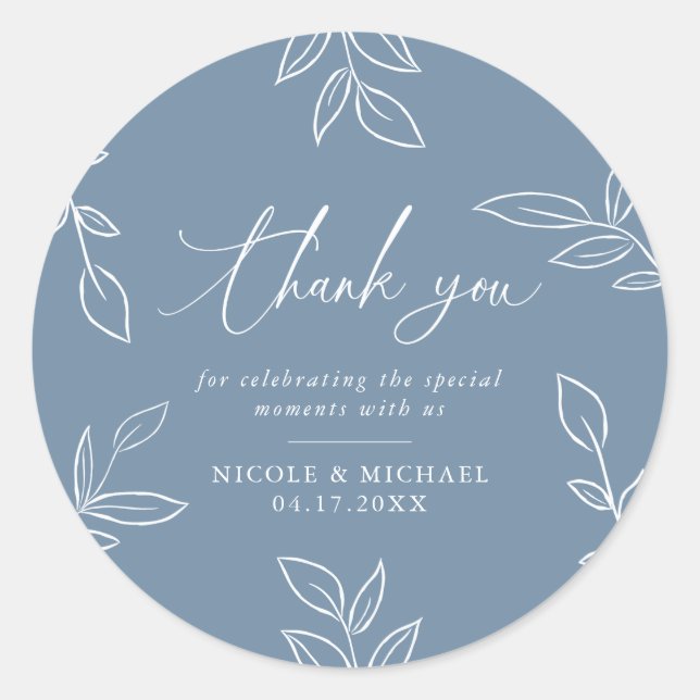 Sticker Rond Dusty Blue Elegant Feuille Merci Mariage (Devant)