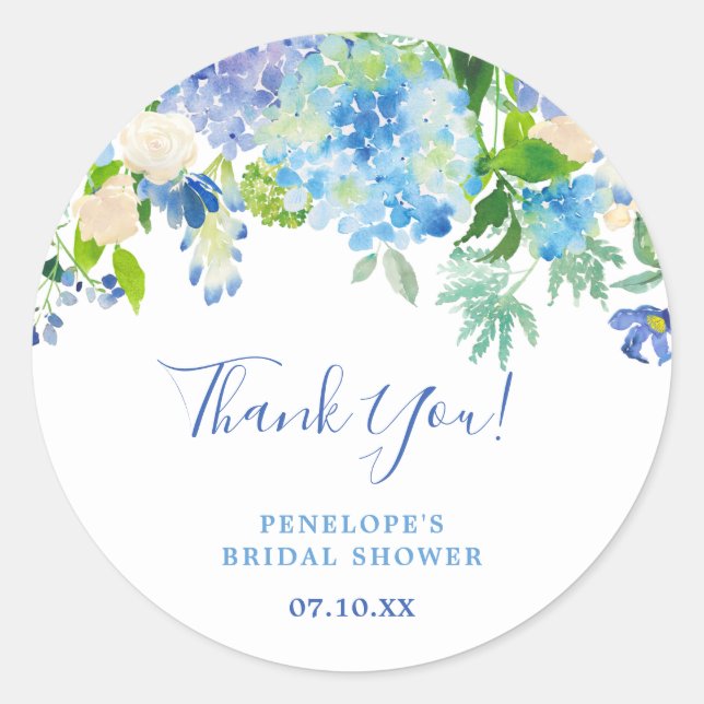 Sticker Rond Dusty Blue Elégant Floral Calligraphie Merci  (Devant)