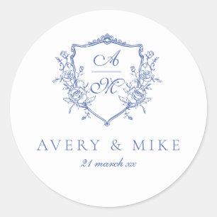 Sticker Rond Dusty Blue Elegant Rose Vintage Crest Mariage