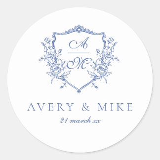 Sticker Rond Dusty Blue Elegant Rose Vintage Crest Mariage