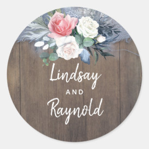 Sticker Rond Dusty Blue et Blush rustique Bois et lin