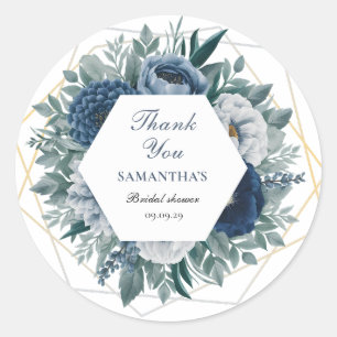 Sticker Rond Dusty Blue et marine Fleurs Robe de Mariée
