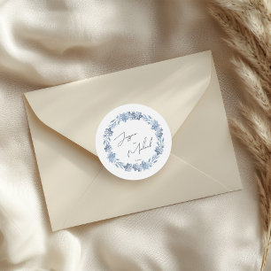 Sticker Rond Dusty Blue Floral Chic Script hiver thème Mariage
