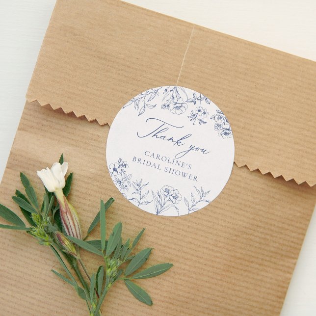 Sticker Rond Dusty Blue Floral Chinoiserie Fête de Mariage  (Créateur téléchargé)