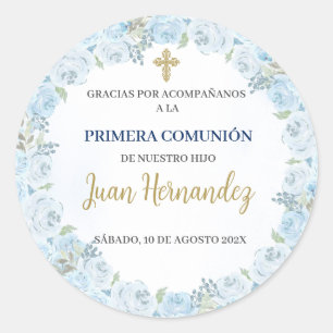 Sticker Rond Dusty Blue Floral First Comunion Invitation
