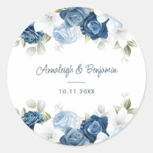 Sticker Rond Dusty Blue Floral Greenery Script Mariage