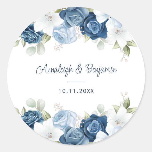 Sticker Rond Dusty Blue Floral Greenery Script Mariage (Devant)