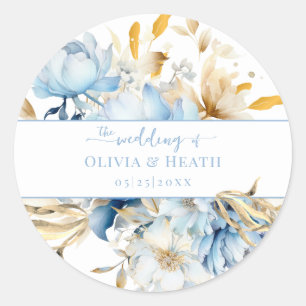 Sticker Rond Dusty Blue Floral Mariage or