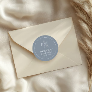 Sticker Rond Dusty Blue Floral Monogramme Mariage Merci