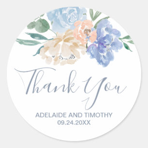 Sticker Rond Dusty Blue Florals Merci Mariage Faveur