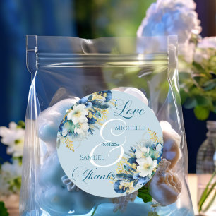 Sticker Rond Dusty Blue Gold Parties scintillant Floral Mariage