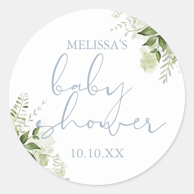 Sticker Rond Dusty Blue Greenery Floral Boy Baby shower Favoris (Devant)