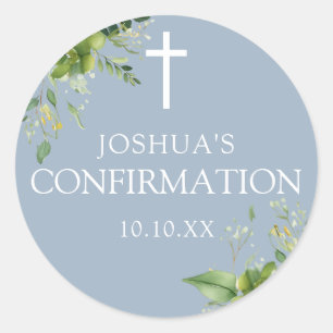Sticker Rond Dusty Blue Greenery Floral Confirmation Favoriser