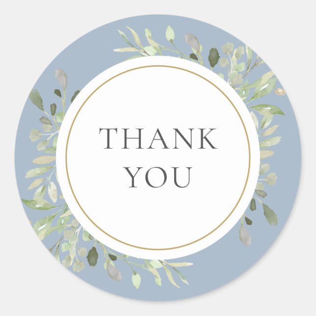 Sticker Rond Dusty Blue Greenery Mariage Merci (Devant)