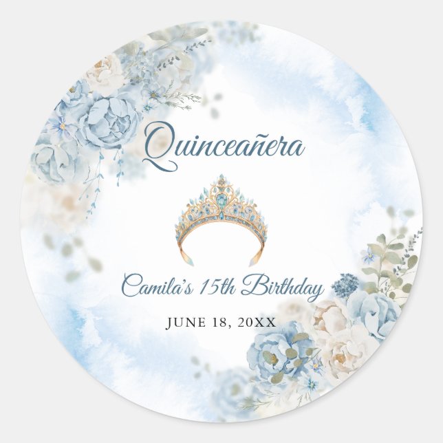 Sticker Rond Dusty Blue Ivory Fleurs Roses Quinceanera Annivers (Devant)