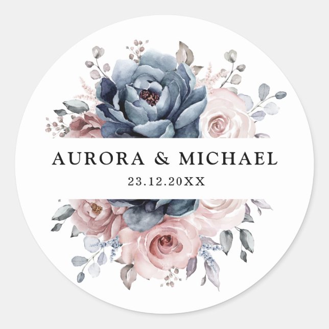 Sticker Rond Dusty Blue Mauve Rose rose ardoise Mariage floral (Devant)