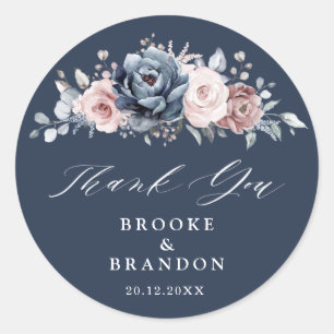 Sticker Rond Dusty Blue Mauve Rose rose Merci Floral Classi