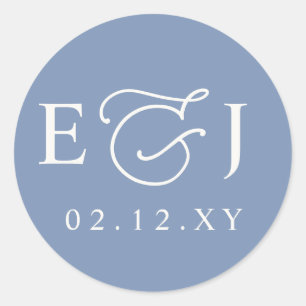 Sticker Rond Dusty Blue Moderne Initiales Monogramme Mariage