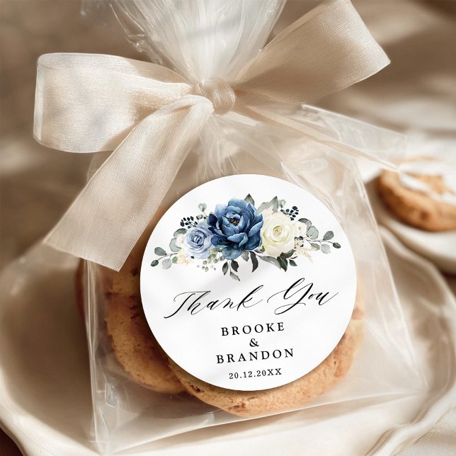 Sticker Rond Dusty Blue Navy Champagne Merci ivoire (Dusty Blue Navy Champagne Ivory wedding Thank you Classic Round Sticker)