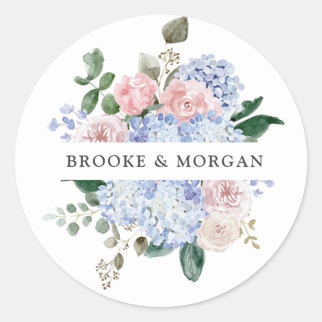 Sticker Rond Dusty Blue Pastel Rose hydrangea Mariage Merci (Devant)