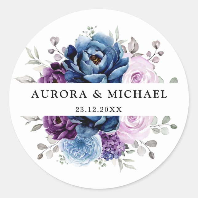 Sticker Rond Dusty Blue Purple Navy Lilac Blooms Mariage (Devant)