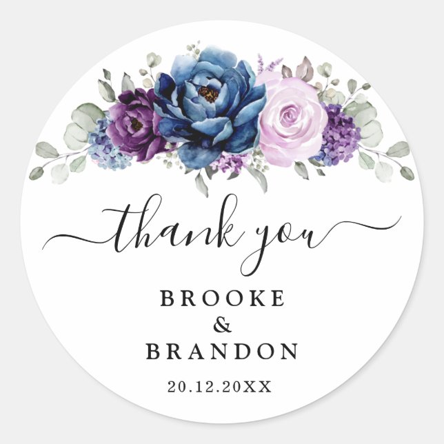 Sticker Rond Dusty Blue Purple Navy Lilac Blooms Mariage (Devant)
