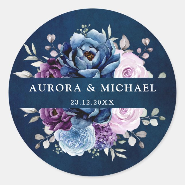 Sticker Rond Dusty Blue Purple Navy Lilac Blooms Mariage Classi (Devant)
