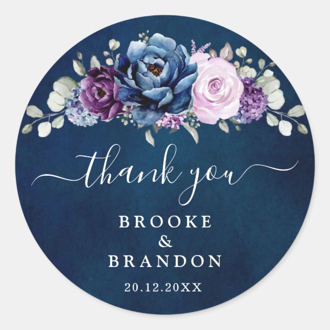 Sticker Rond Dusty Blue Purple Navy Lilac Blooms Mariage Classi (Devant)