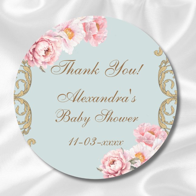 Sticker Rond Dusty Blue Rococo Baby shower Floral Merci (Créateur téléchargé)