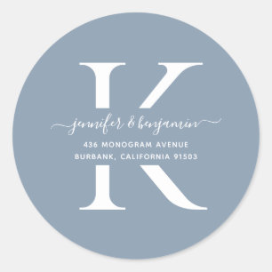 Sticker Rond Dusty Blue Script Monogramme Adresse de retour