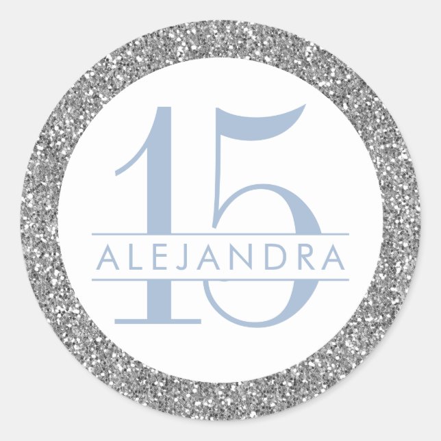 Sticker Rond Dusty Blue Silver Parties scintillant Quince Años  (Devant)