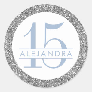 Sticker Rond Dusty Blue Silver Parties scintillant Quince Años