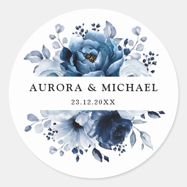 Sticker Rond Dusty Blue Slate Navy Floral Botanal Mariage (Devant)