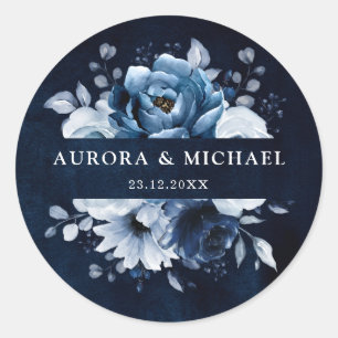 Sticker Rond Dusty Blue Slate Navy Floral Botanal Mariage Cla