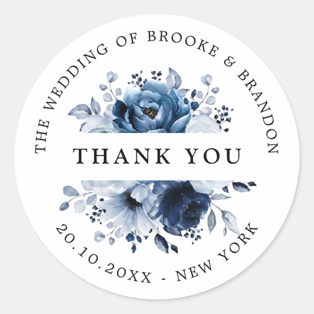 Sticker Rond Dusty Blue Slate Navy Merci botanique floral (Devant)